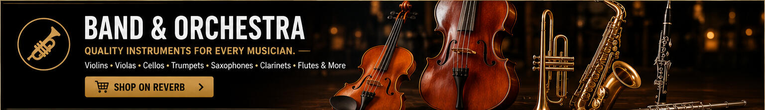 Shop violins, violas, cellos, trumpets, saxophones, clarinets, flutes, and band & orchestra instruments