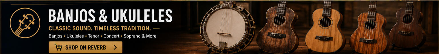 Shop banjos, ukuleles, tenor banjos, soprano ukuleles, concert ukuleles, and folk instruments