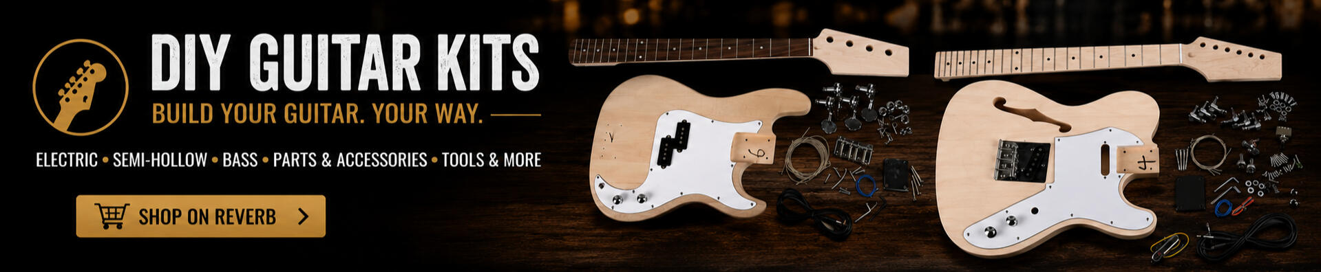 Build your own electric guitar or bass with DIY guitar kits, unfinished guitar bodies, necks, and hardware
